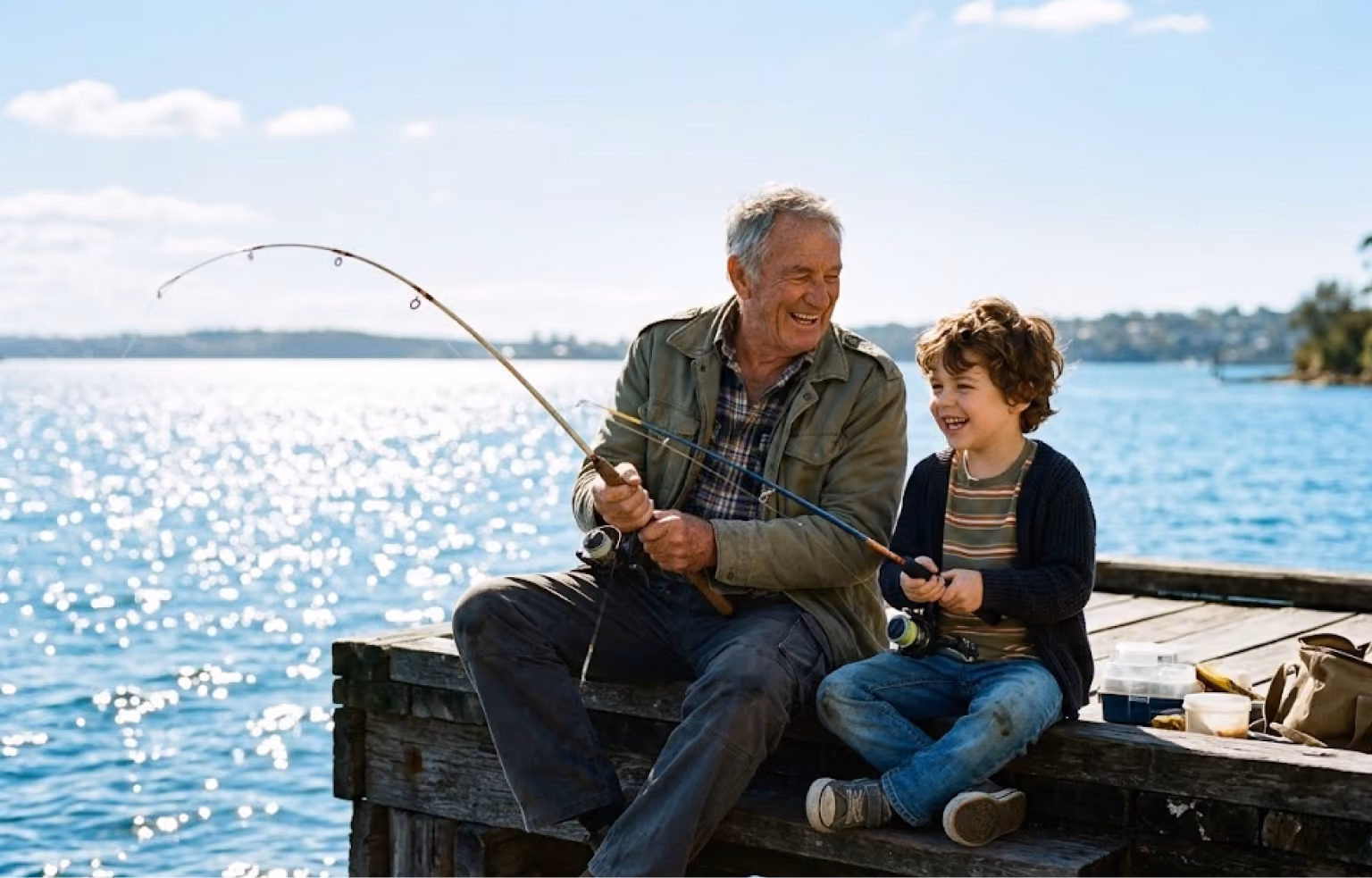 Older man and a boy fishing together from a jetty