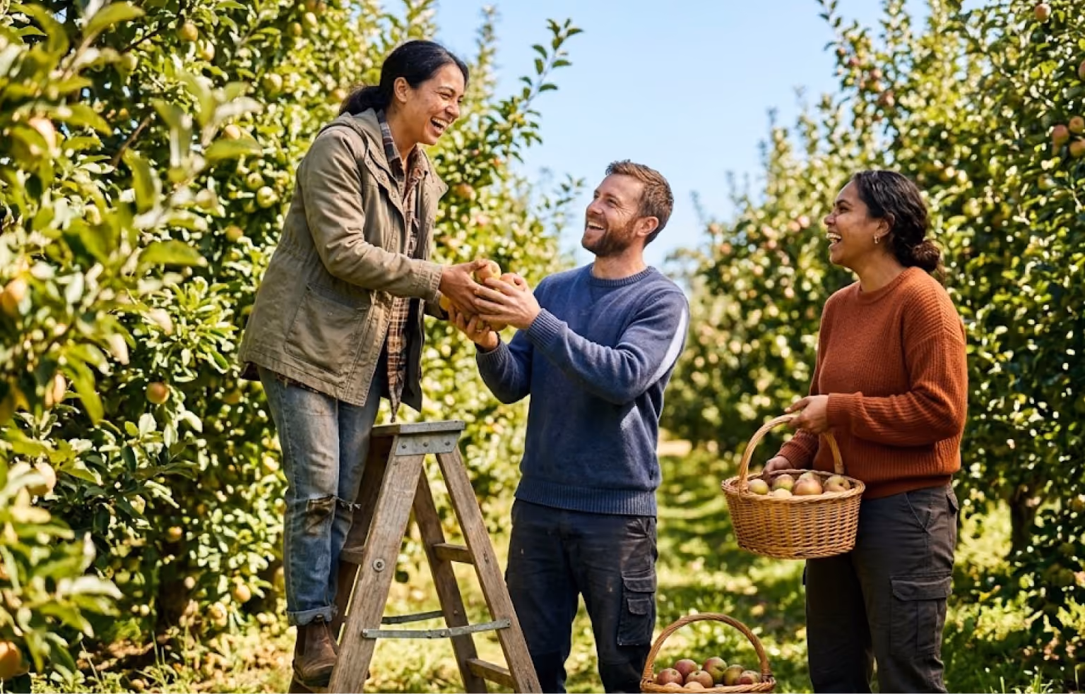 Three people picking fruit together in an orchard