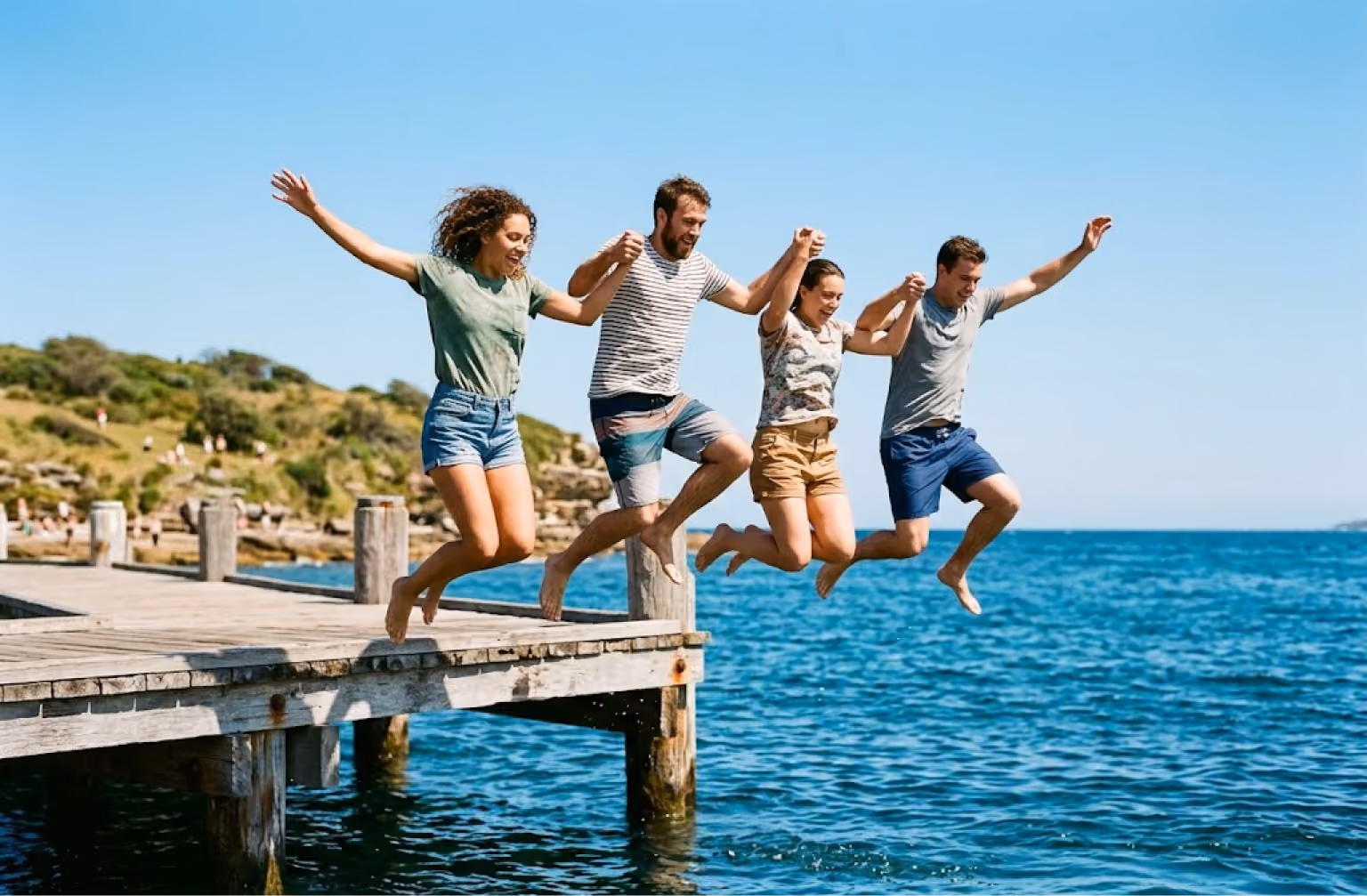 Four friends jumping off a jetty into the sea