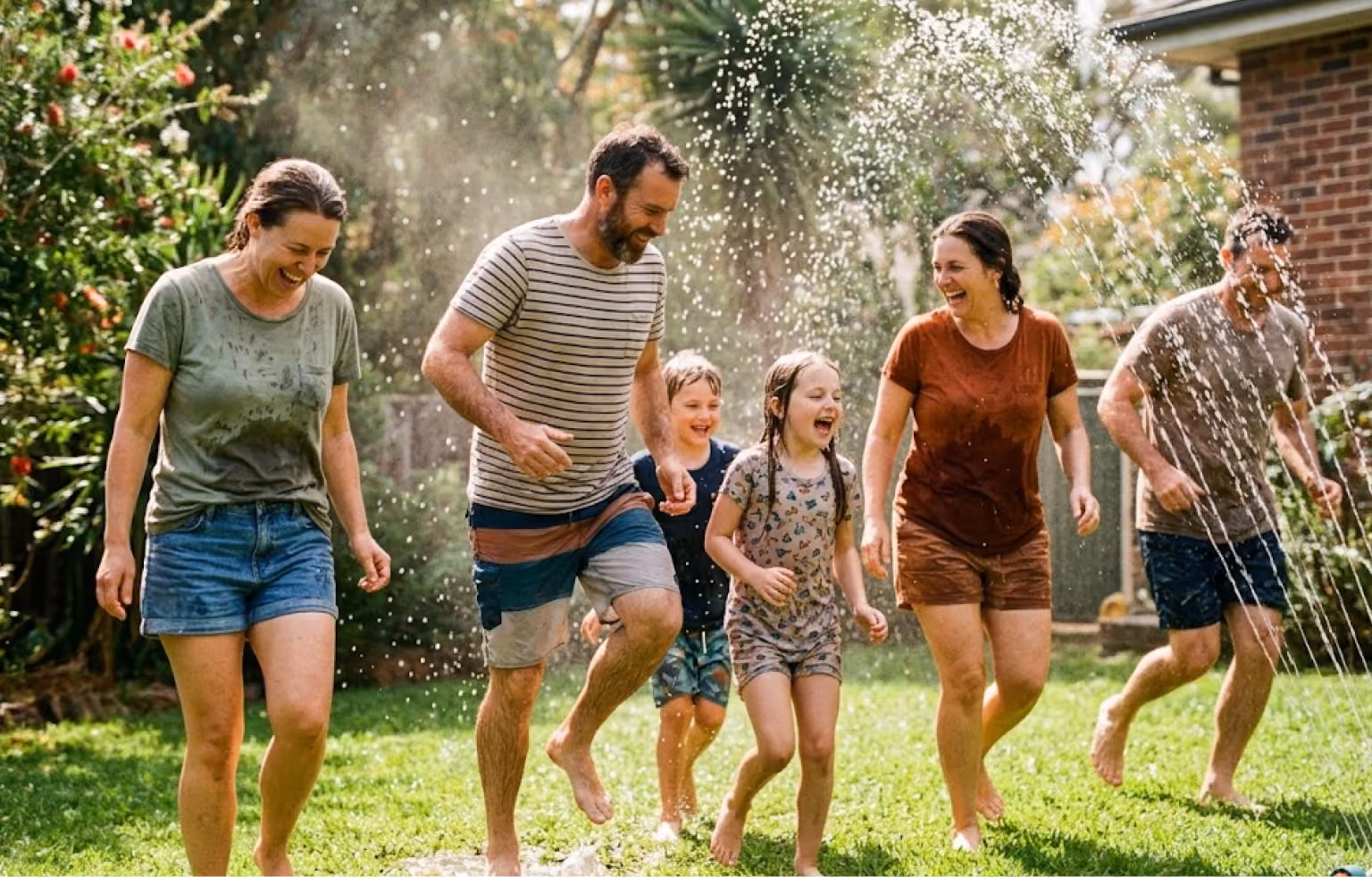 Family running through a garden sprinkler on a summer lawn