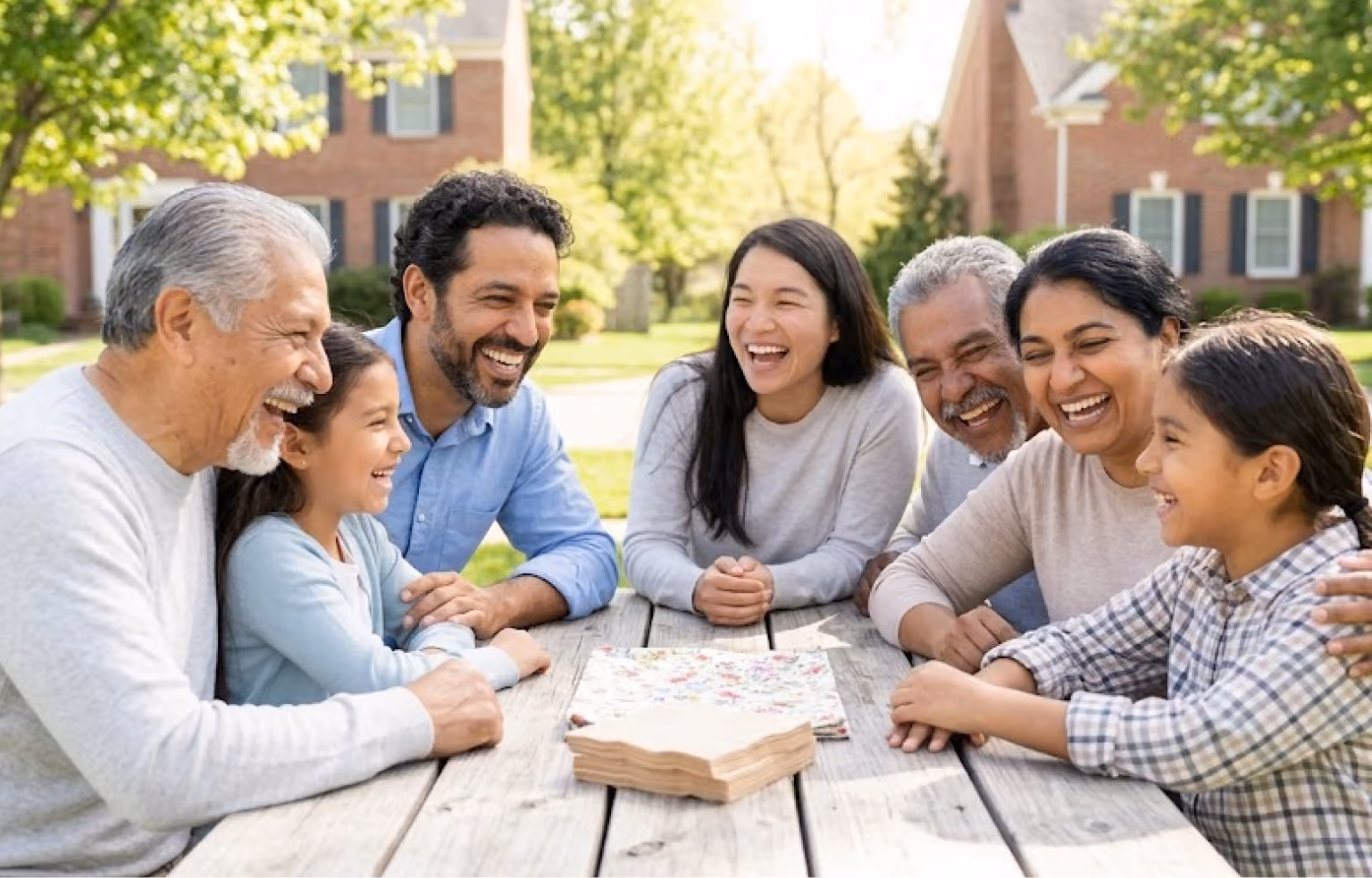 Multigenerational family laughing together around an outdoor table