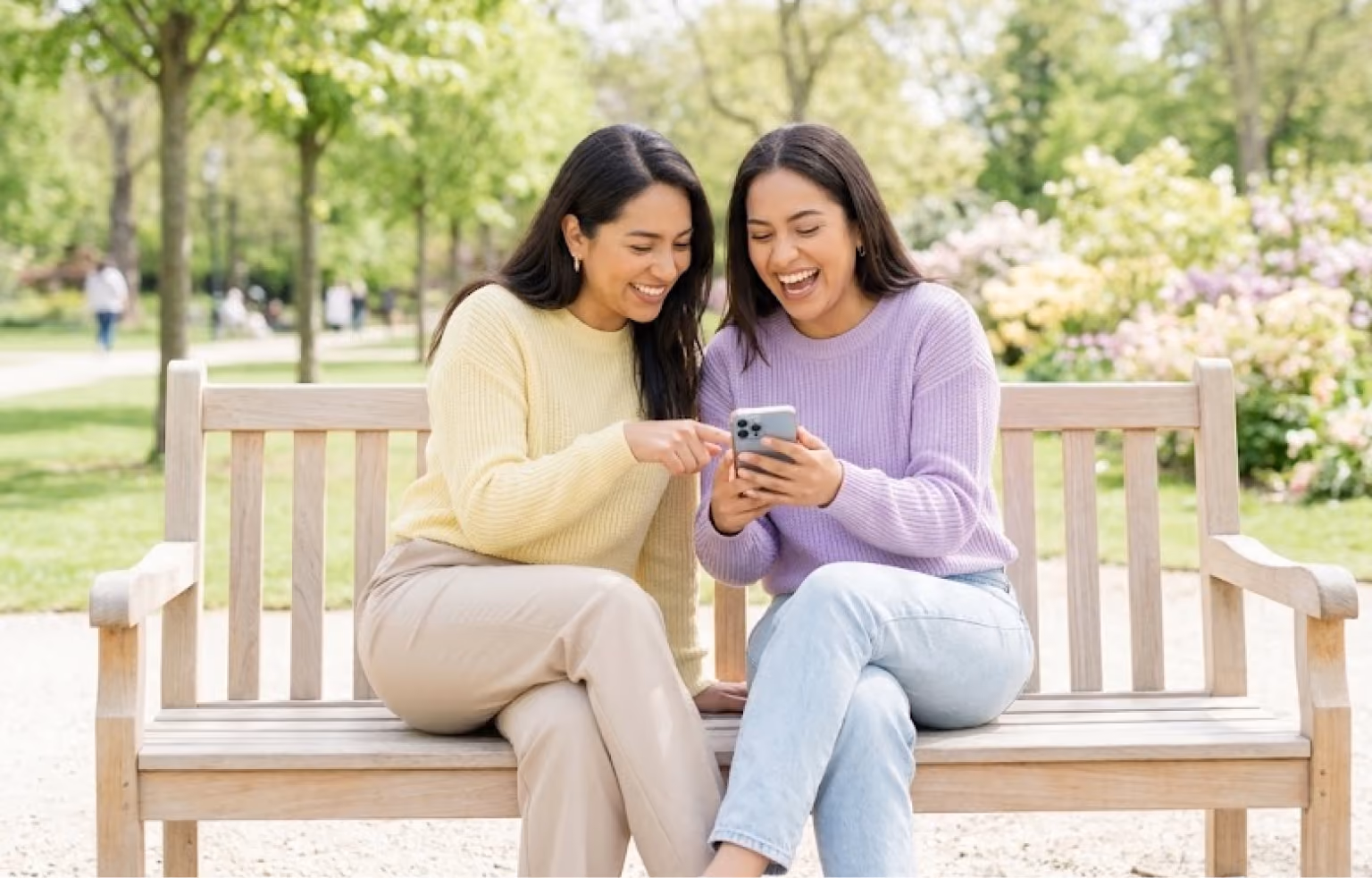 Two women sitting on a park bench laughing at a phone screen