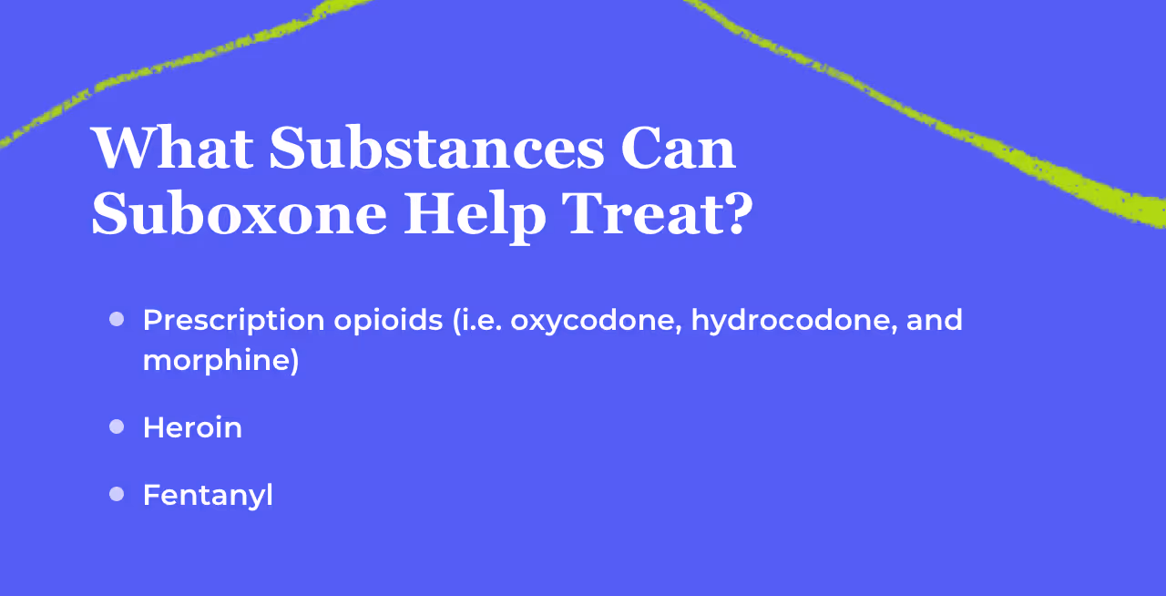 Bullet-point list titled 'What Substances Can Suboxone Help Treat?' Prescription opioids (i.e. oxycodone, hydrocodone, and morphine); heroin; fentanyl.