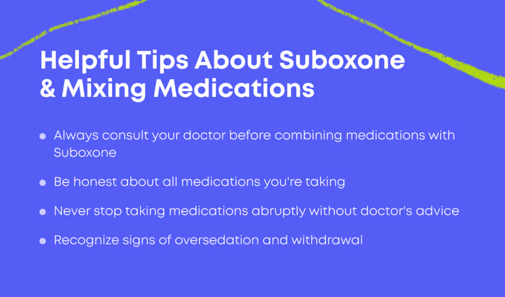 Bullet-point list titled 'Helpful Tips About Suboxone & Mixing Medications': always consult your doctor before combining medications with Suboxone; be honest about all medications you're taking; never stop taking medications abruptly without doctor's advice; recognise signs of oversedation and withdrawal.