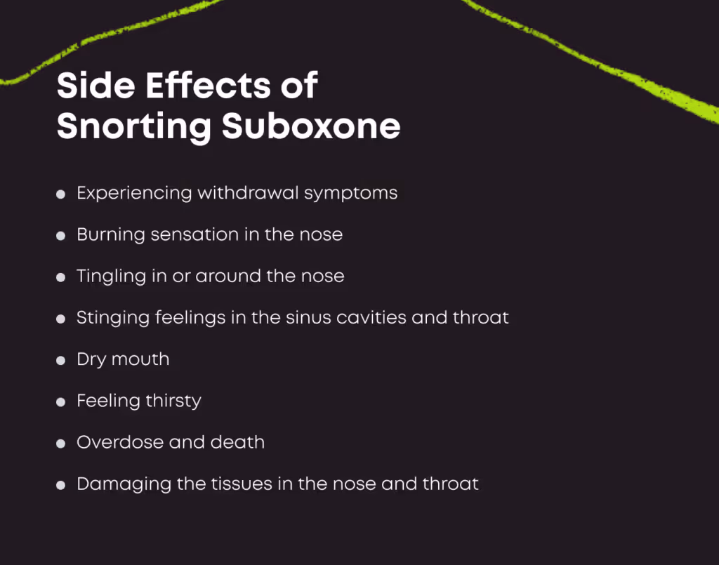 Bullet-point list titled 'Side Effects of Snorting Suboxone': experiencing withdrawal symptoms; burning sensation in the nose; tingling in or around the nose; stinging feelings in the sinus cavities and throat; dry mouth; feeling thirsty; overdose and death; damaging the tissues in the nose and throat.