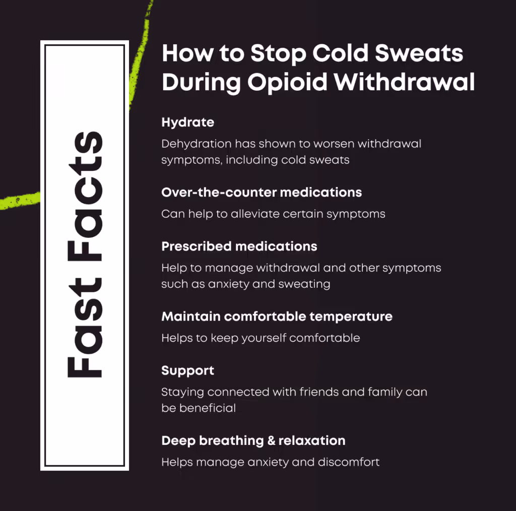 Fast Facts card titled 'How to Stop Cold Sweats During Opioid Withdrawal'. Hydrate: dehydration has shown to worsen withdrawal symptoms, including cold sweats. Over-the-counter medications: can help to alleviate certain symptoms. Prescribed medications: help to manage withdrawal and other symptoms such as anxiety and sweating. Maintain comfortable temperature: helps to keep yourself comfortable. Support: staying connected with friends and family can be beneficial. Deep breathing & relaxation: helps manage anxiety and discomfort.