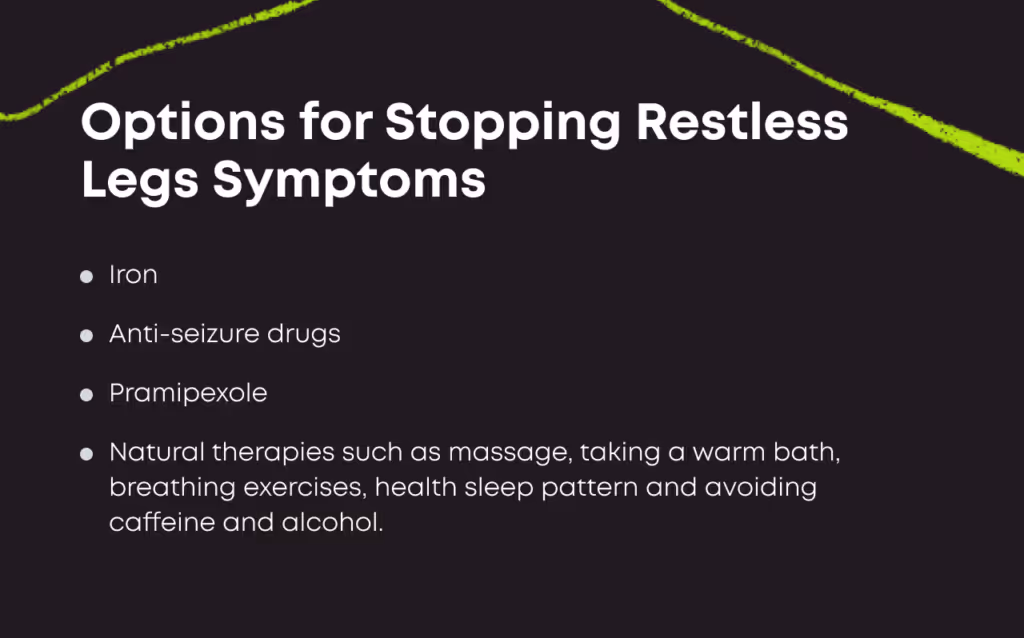 Bullet-point list titled 'Options for Stopping Restless Legs Symptoms': iron; anti-seizure drugs; pramipexole; natural therapies such as massage, taking a warm bath, breathing exercises, health sleep pattern and avoiding caffeine and alcohol.