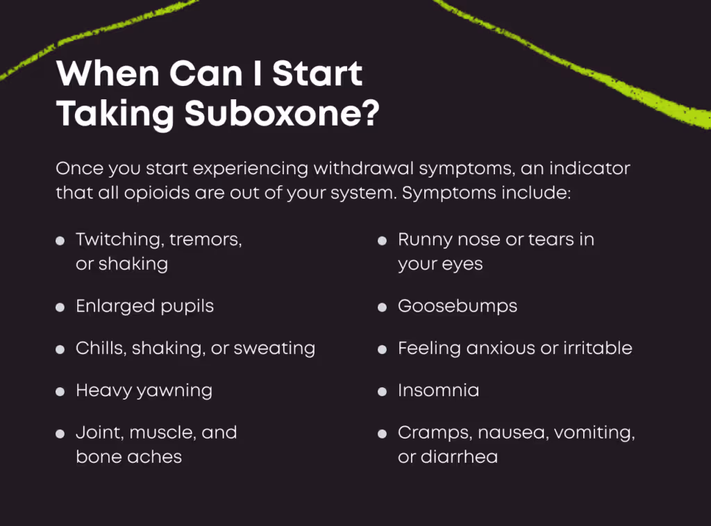 Bullet-point list titled 'When Can I Start Taking Suboxone?' Once you start experiencing withdrawal symptoms, an indicator that all opioids are out of your system. Symptoms include: twitching, tremors, or shaking; enlarged pupils; chills, shaking, or sweating; heavy yawning; joint, muscle, and bone aches; runny nose or tears in your eyes; goosebumps; feeling anxious or irritable; insomnia; cramps, nausea, vomiting, or diarrhoea.