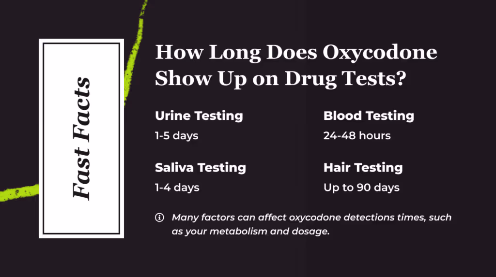 Fast Facts card titled How Long Does Oxycodone Show Up on Drug Tests. Urine Testing: 1 to 5 days. Blood Testing: 24 to 48 hours. Saliva Testing: 1 to 4 days. Hair Testing: up to 90 days. Footnote: many factors can affect oxycodone detection times, such as your metabolism and dosage.