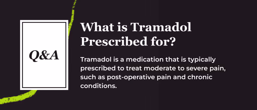 Q and A card titled What is Tramadol Prescribed for. Tramadol is a medication that is typically prescribed to treat moderate to severe pain, such as post operative pain and chronic conditions.