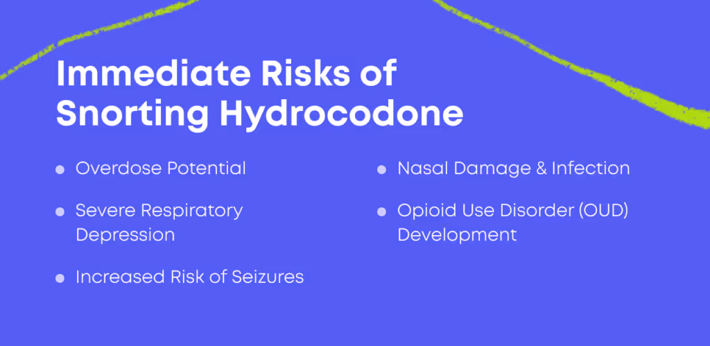 Bullet point list titled Immediate Risks of Snorting Hydrocodone: overdose potential, severe respiratory depression, increased risk of seizures, nasal damage and infection, Opioid Use Disorder or OUD development.