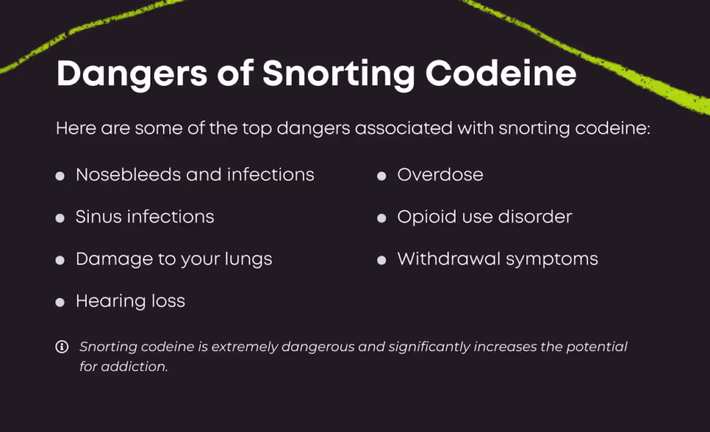Bullet point list titled Dangers of Snorting Codeine. Here are some of the top dangers associated with snorting codeine: nosebleeds and infections, sinus infections, damage to your lungs, hearing loss, overdose, opioid use disorder, withdrawal symptoms. Footnote: snorting codeine is extremely dangerous and significantly increases the potential for addiction.