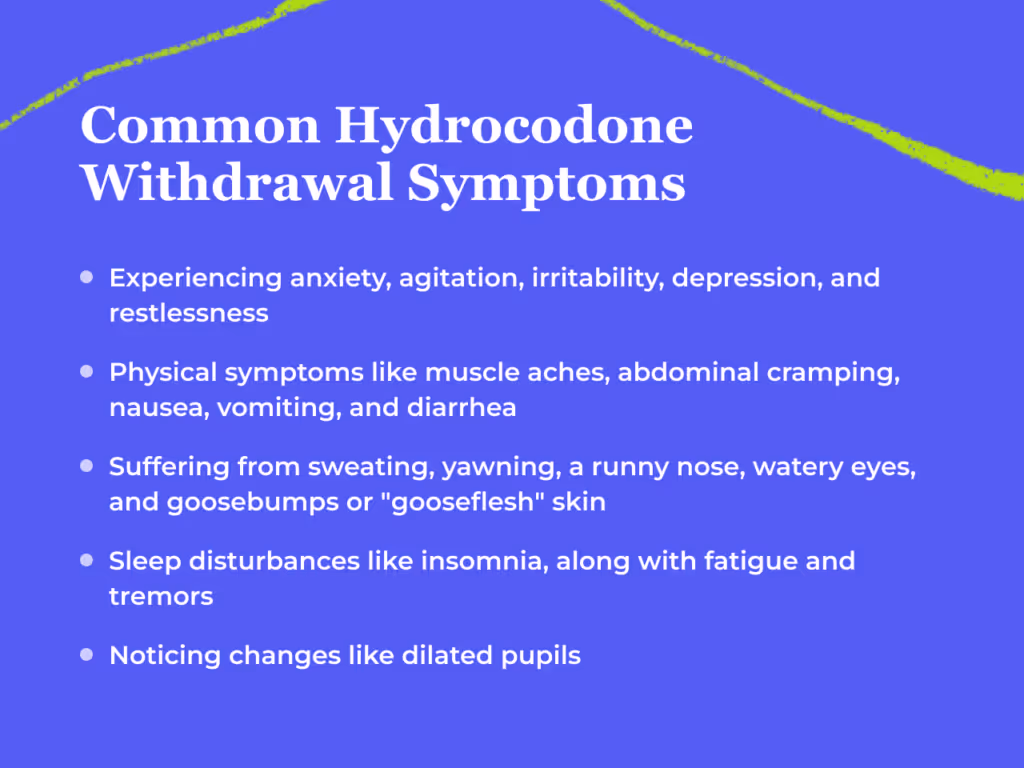 Bullet point list titled Common Hydrocodone Withdrawal Symptoms: experiencing anxiety agitation irritability depression and restlessness. Physical symptoms like muscle aches abdominal cramping nausea vomiting and diarrhoea. Suffering from sweating yawning a runny nose watery eyes and goosebumps or gooseflesh skin. Sleep disturbances like insomnia along with fatigue and tremors. Noticing changes like dilated pupils.