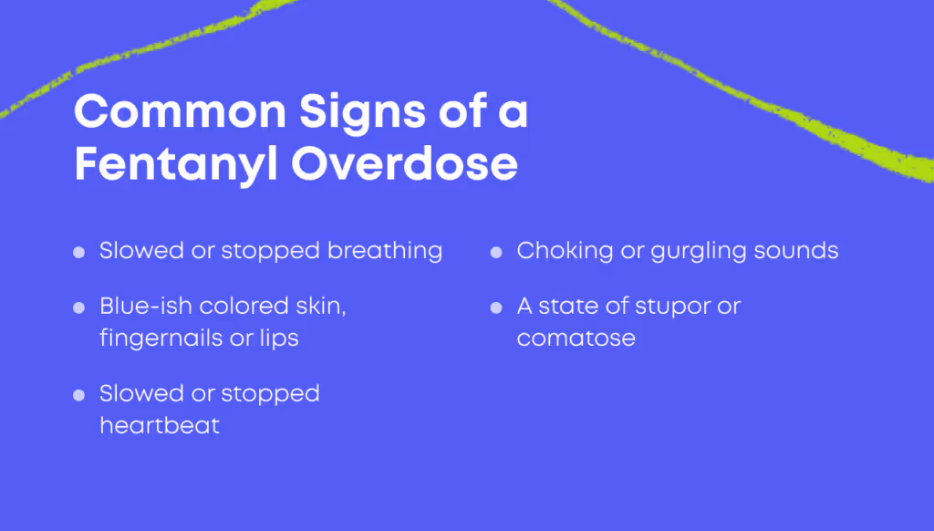 Bullet point list titled Common Signs of a Fentanyl Overdose: slowed or stopped breathing, blueish coloured skin fingernails or lips, slowed or stopped heartbeat, choking or gurgling sounds, a state of stupor or comatose.