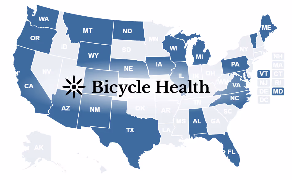 Bicycle Health logo over a map of the United States highlighting states where the service is available in dark blue: WA, OR, CA, MT, WY, ND, NE, IA, WI, MI, TX, PA, MD, VT, ME, NC, AL, FL, AZ, NM.