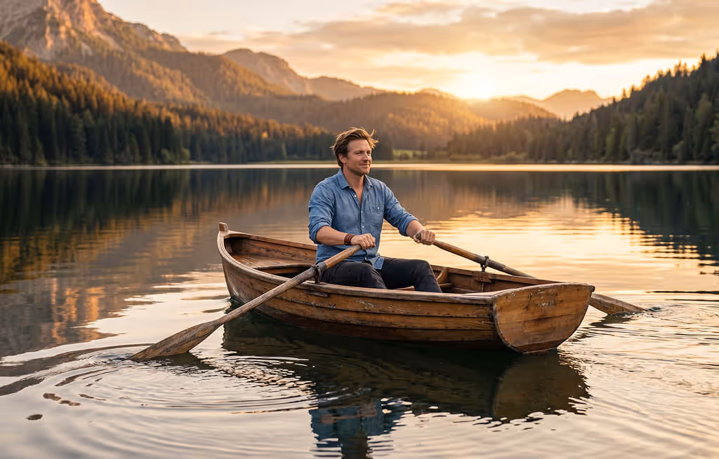 Man rowing a wooden boat on a calm mountain lake at sunset