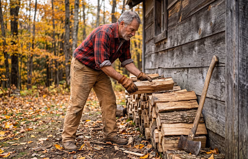 Older man in red plaid shirt stacking firewood beside a weathered wooden cabin in autumn