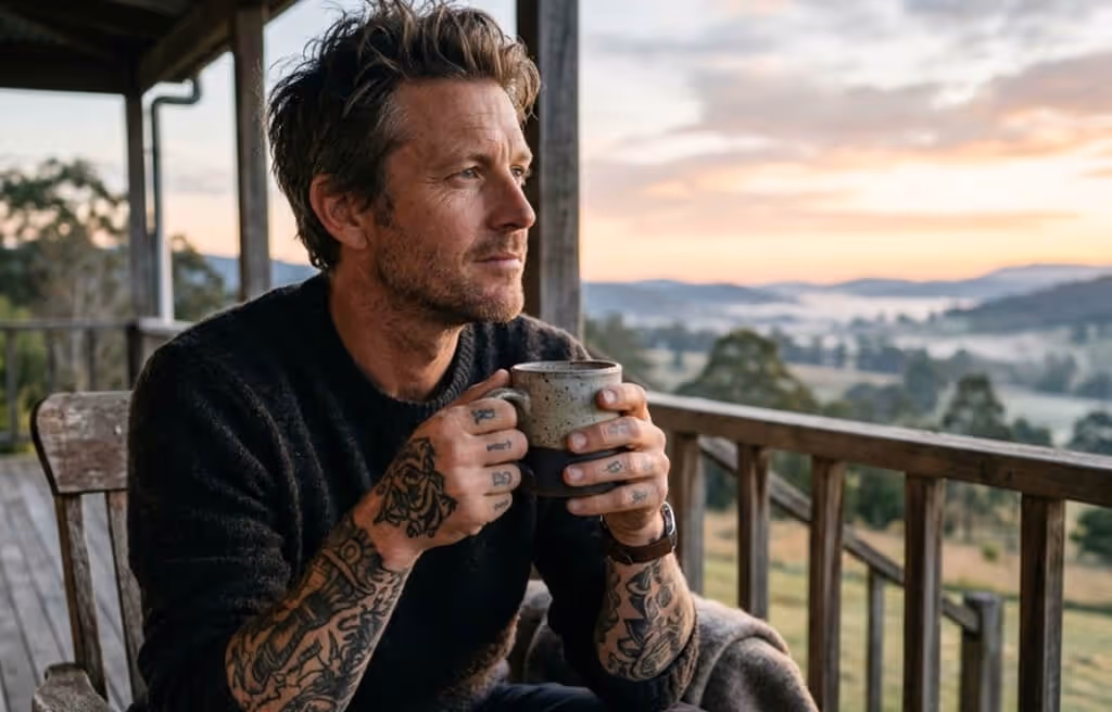 Man with tattooed hands holding a coffee mug, gazing out across misty hills from a rustic porch at sunset