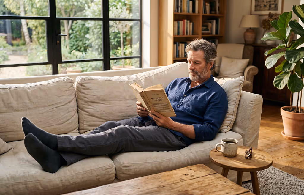 Middle-aged man relaxing on a beige sofa reading a book in a sunlit living room