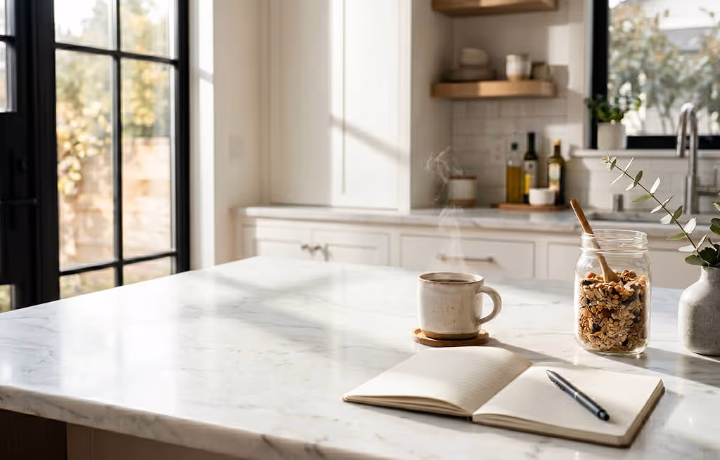 Bright modern kitchen with marble countertop, steaming coffee mug, open journal, and jar of granola