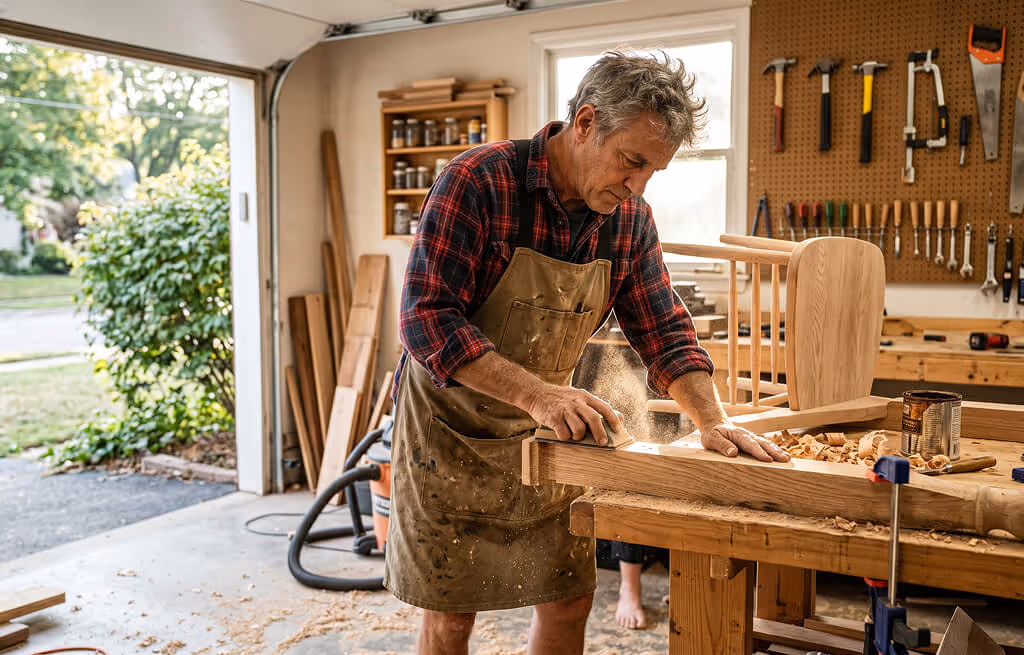 Older man in a leather apron sanding a wooden chair leg in a well-organised home workshop
