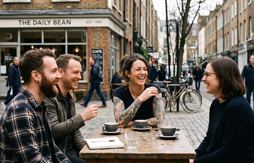 Four friends laughing together over coffee at an outdoor café table on a cobblestone street