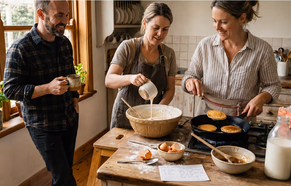 Three people talking around a kitchen table preparing food