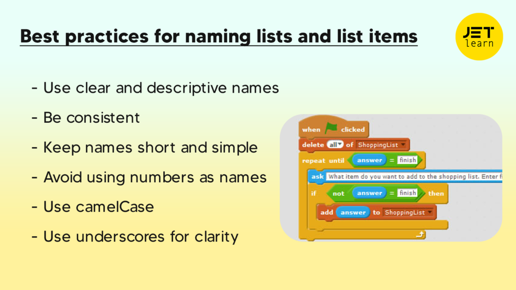 Best practices for naming lists and list items