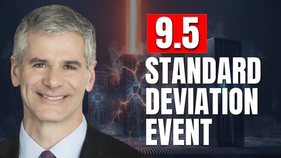 Smiling man in a suit on left with text '9.5 Standard Deviation Event' on a dark, stormy background with lightning.