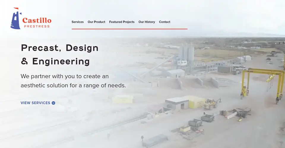 Castillo Prestress home page intro area with intro statement and background video.
