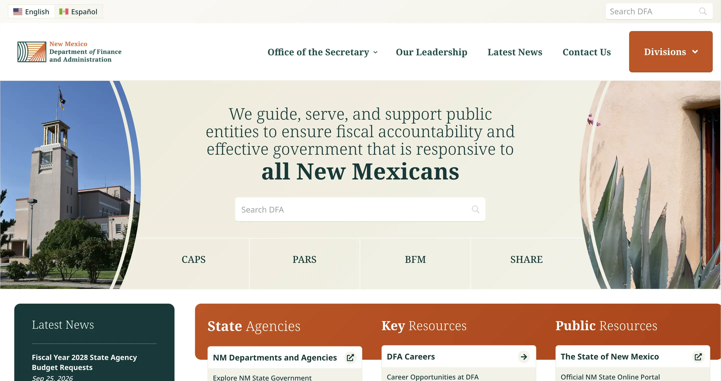 Top of NM DFA home page with mission statement, site search and most used tools visible.