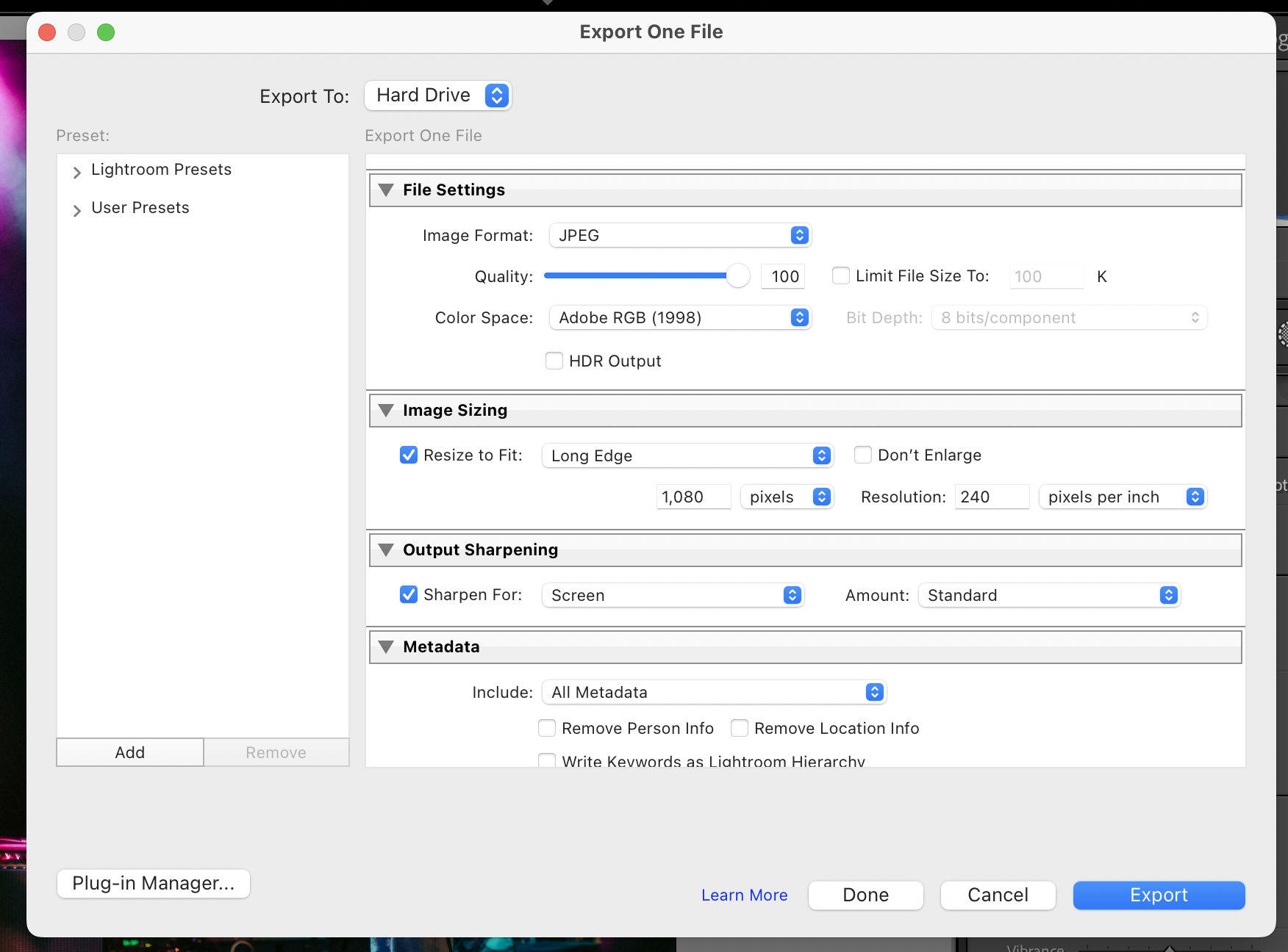 Instagram export settings in Lightroom