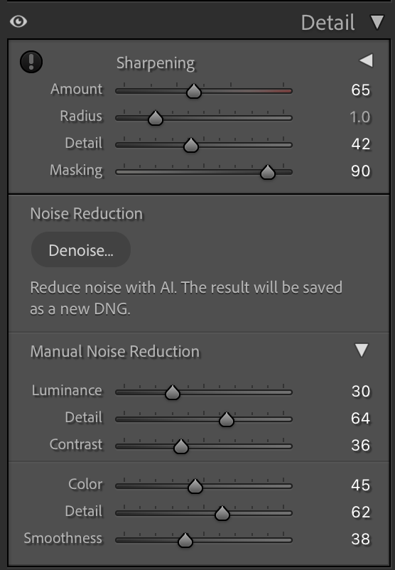 Noise reduction and sharpening tool in Lightroom