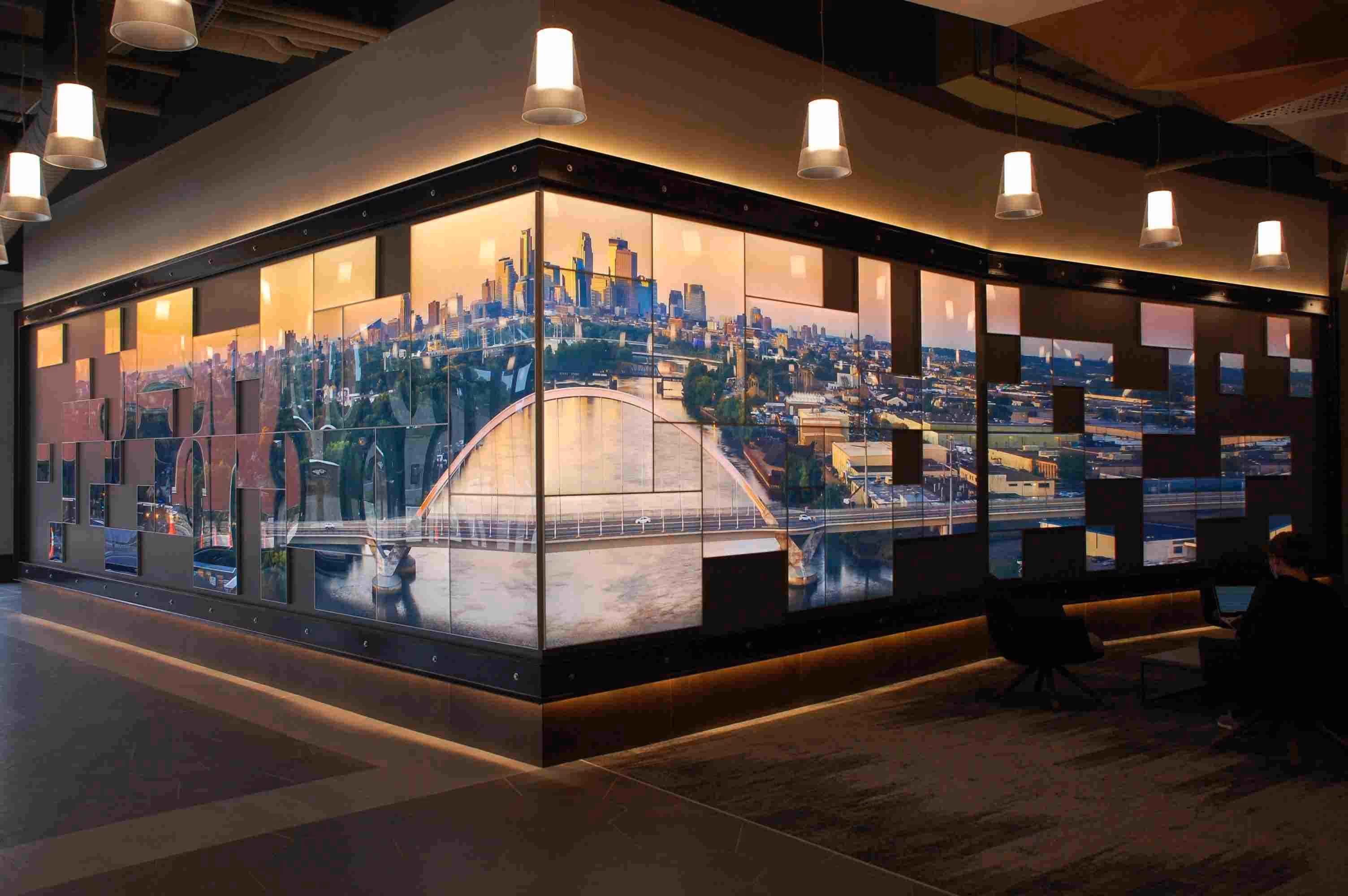 Bank wall display around a corner
