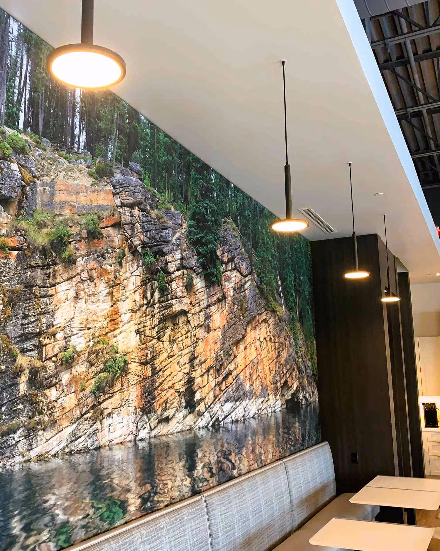 A breakroom wall with a northwoods cliff and hanging luminaires