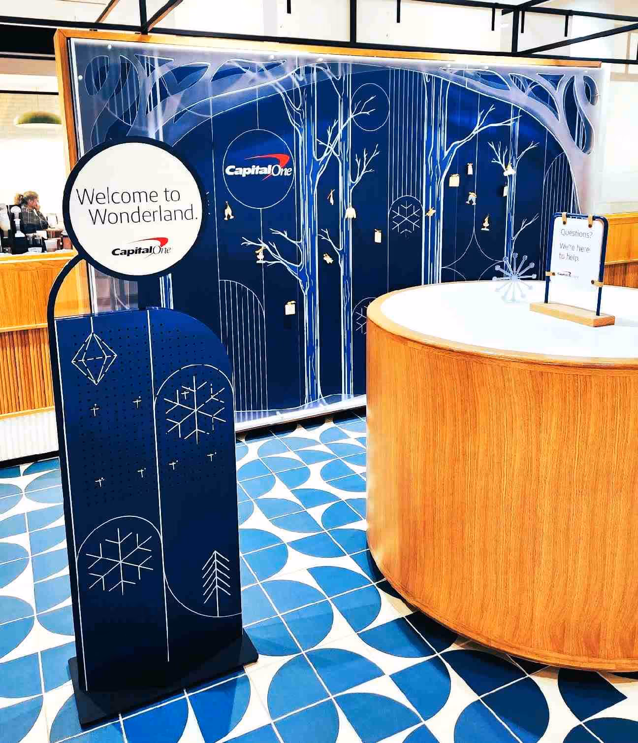 A bank lobby with custom holiday displays; custom acrylic