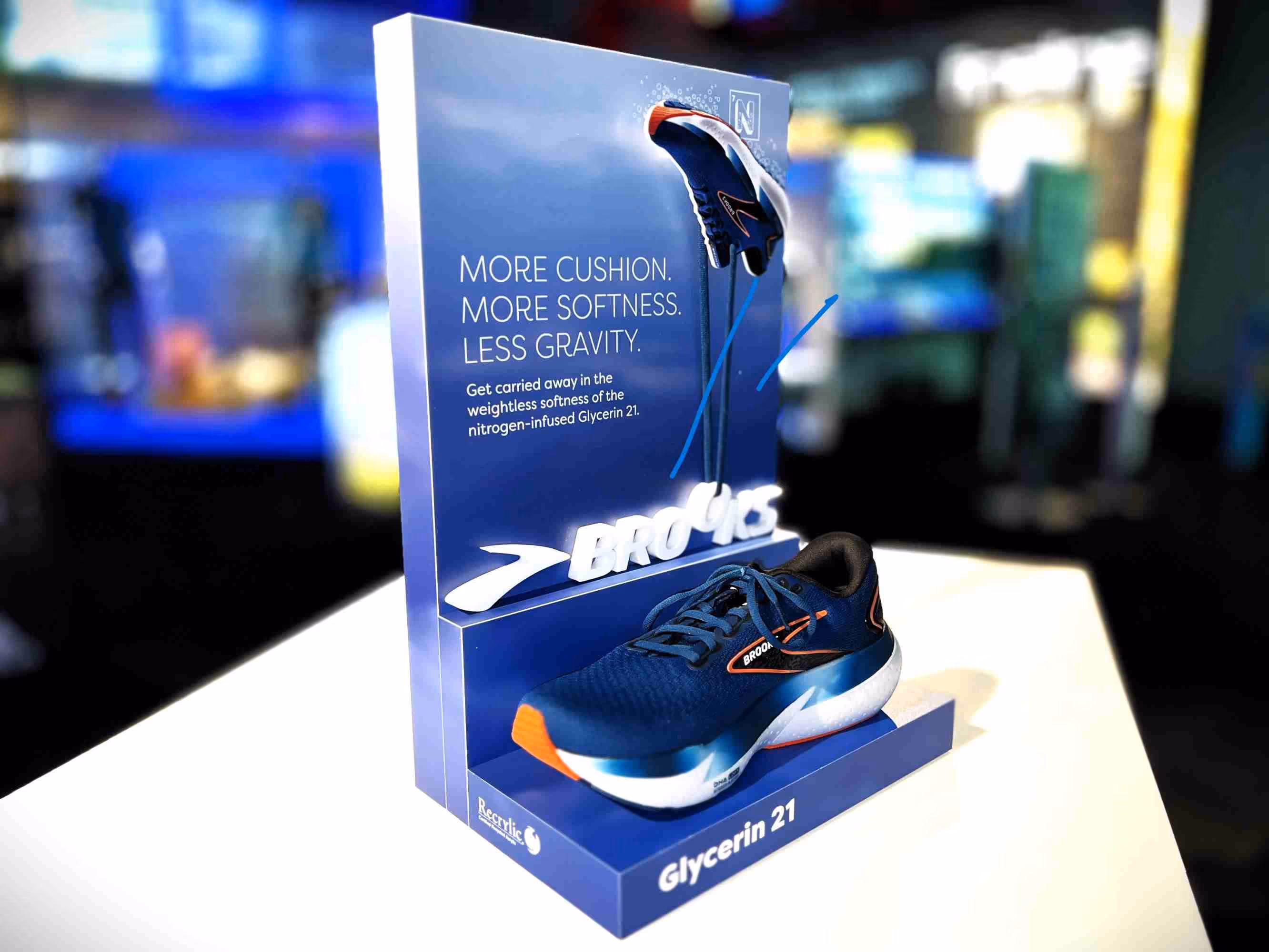 A shoe product fixture made from Recrylic recycled acrylic