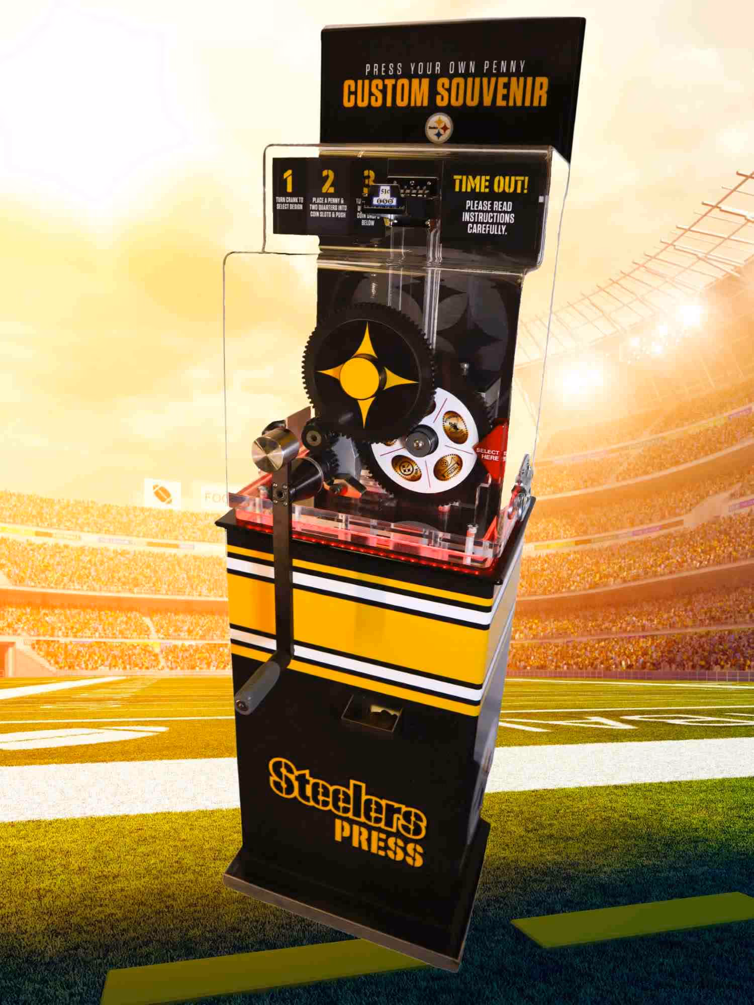 Penny press machine with hand crank, branded as Steelers with Pittburgh Steelers colors and logo type; custom fabrication