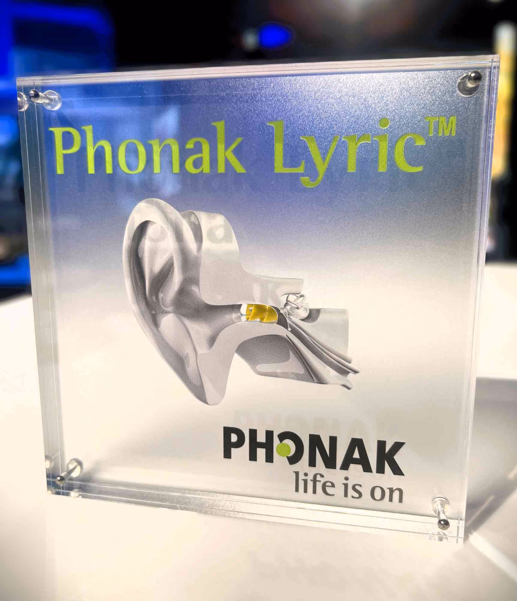 Custom acrylic hearing aid display: Phonak Lyric with hearing aid embedded in acrylic