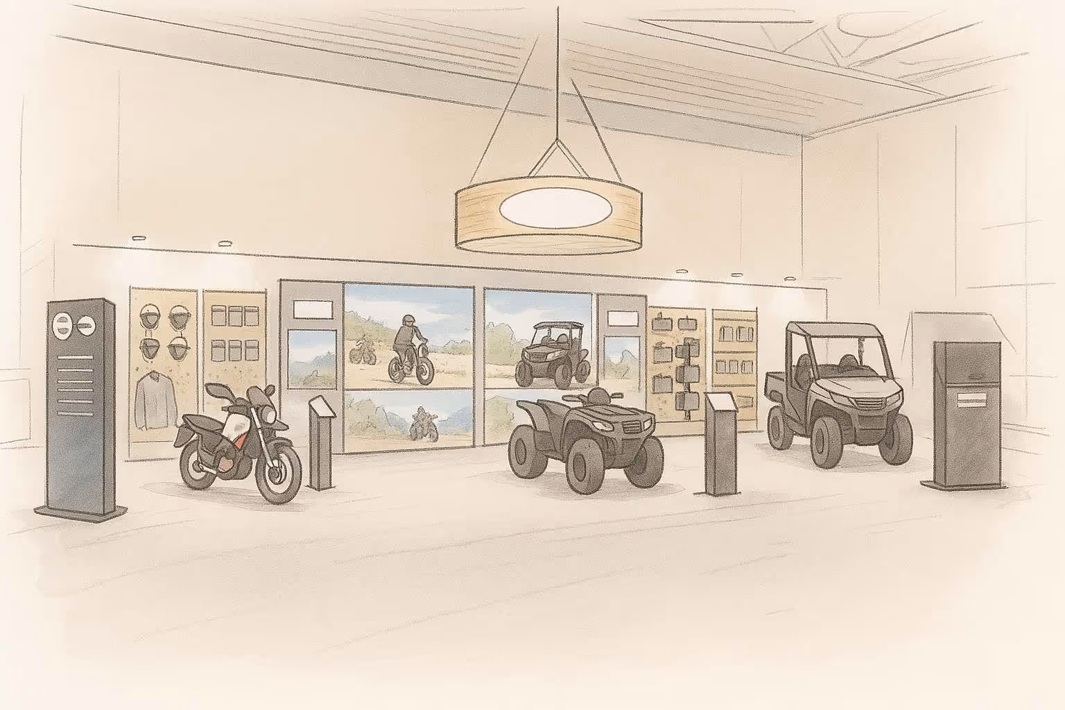 An artist's conceptual drawing of several custom retail displays in a powersports vehicle dealership.