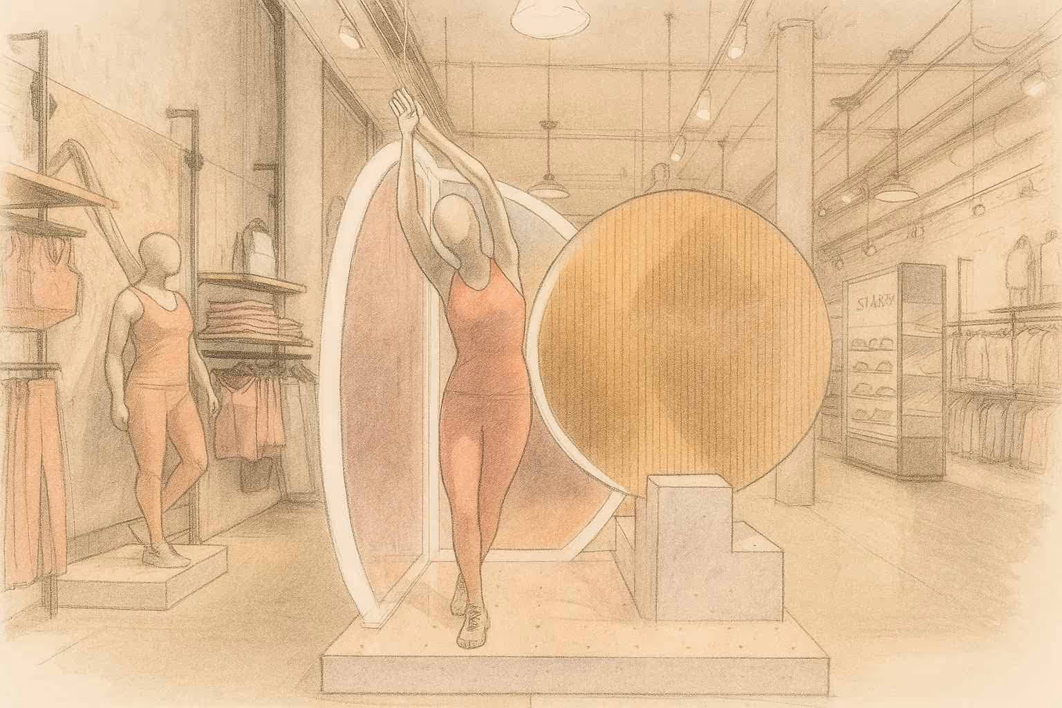 An artist's conceptual drawing of a custom retail display in a women's clothing store.