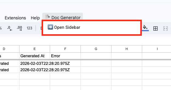 Image of the Open Sidebar option in the doc generator dropdown menu