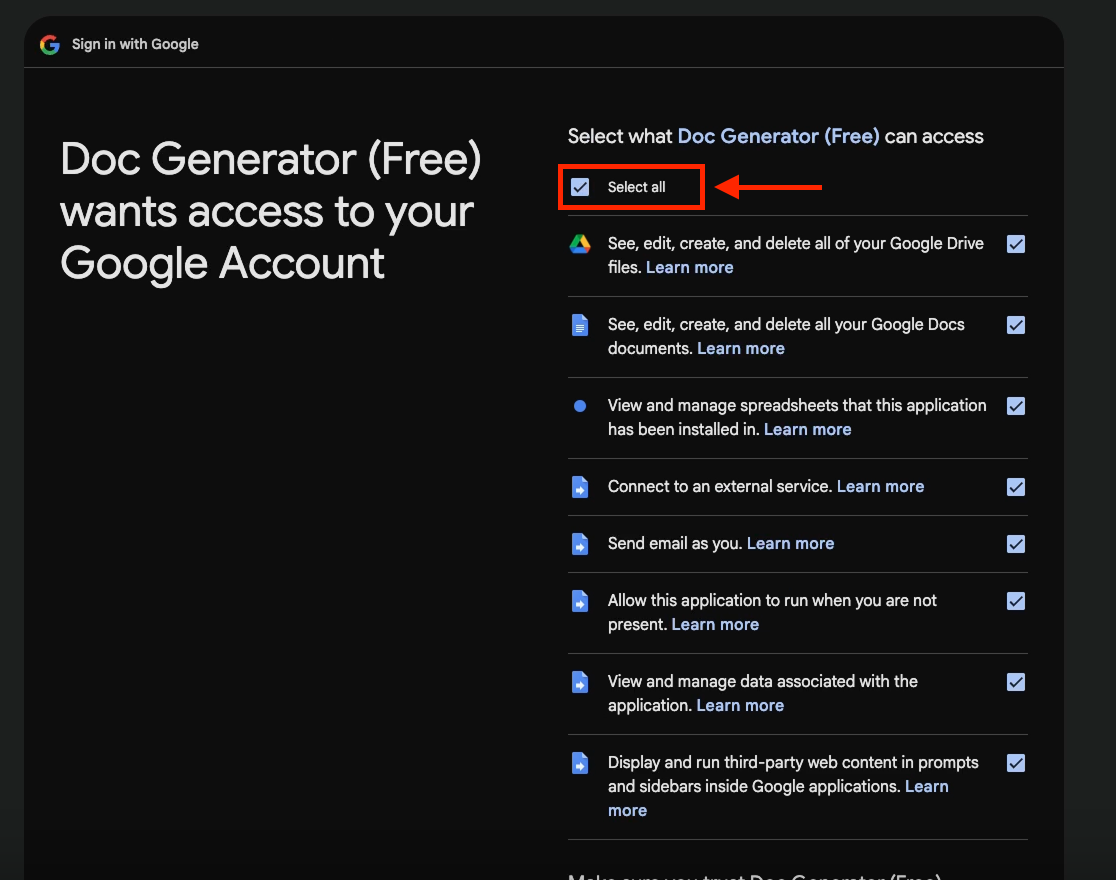 Screenshot of allowed doc generator permissions