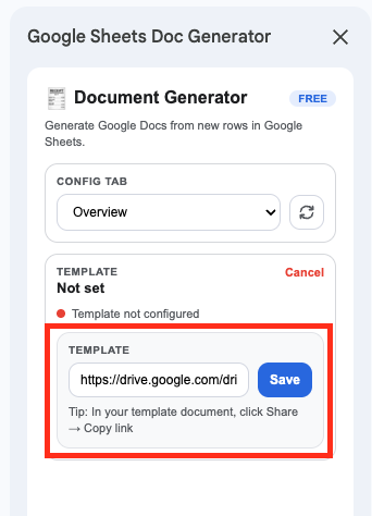 Screenshot showing where to paste the google doc share link in the sidebar
