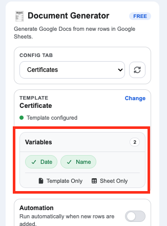 Image showing matching google doc template variables