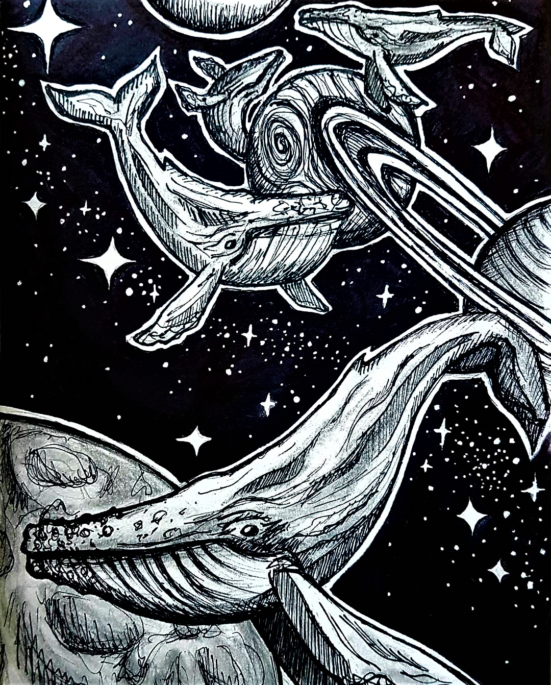 A drawing of whales in space
