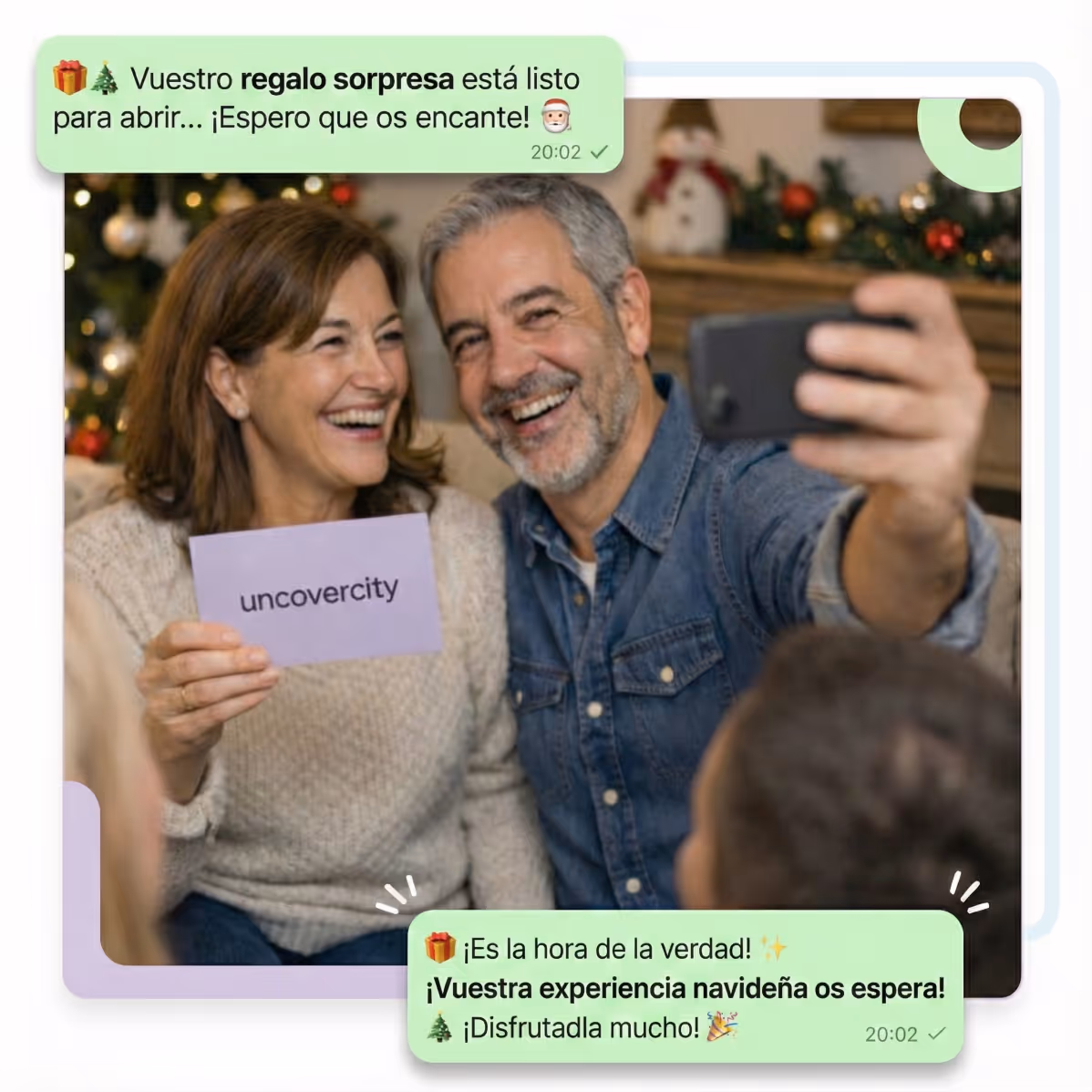 Smiling middle-aged couple taking a selfie with a Christmas-themed background, woman holding card reading 'uncovercity'.