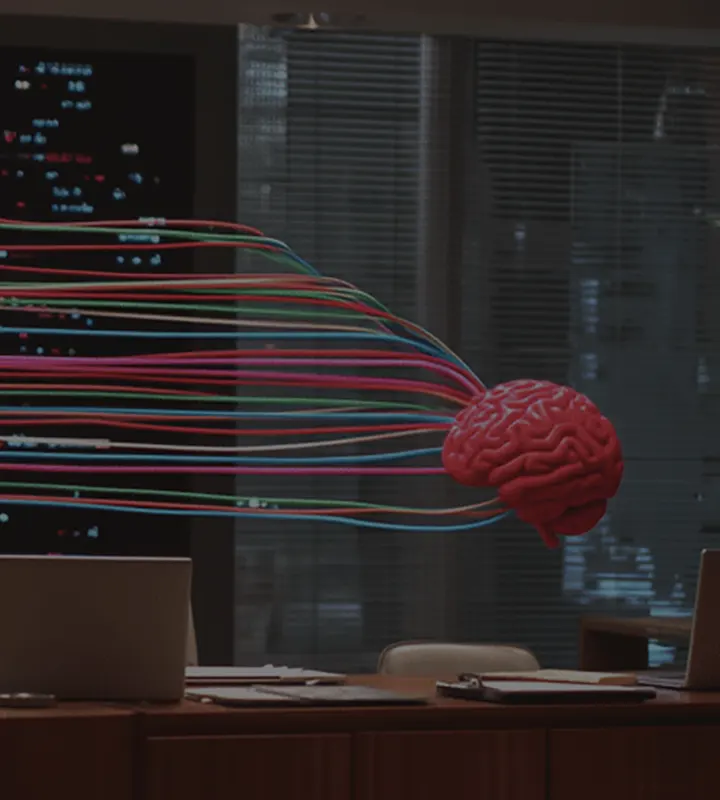 A stylized, floating brain with colorful tubes connected to it, set in a modern office environment.