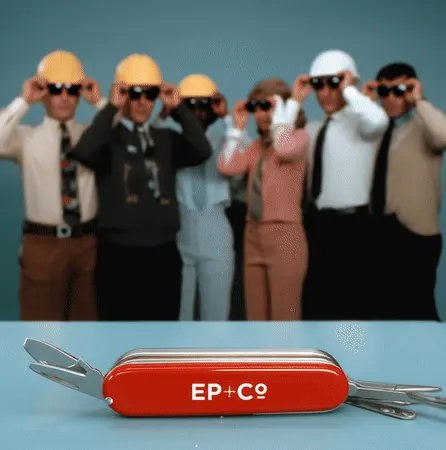 EP+Co branded Swiss Army knife in the foreground. Blurred background shows people wearing hard hats.