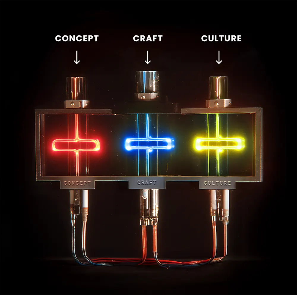 Engine with 3 power sources -- concept, craft, and culture -- leading to a screen that displays EP+Co reel highlights
